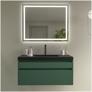 Mueble de baño suspendido PETRA 2 cajones 120 cm VERDE OLIVO - Lavabo resina blanco brillo 120 cm - Columna auxiliar 2 puertas 180x35x25 VERDE OLIVO