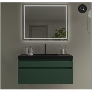 Mueble de baño PETRA 60 cm fondo reducido 43 cm NOGAL - Encimera 60x43 negro - Espejo CAPRI 60x80