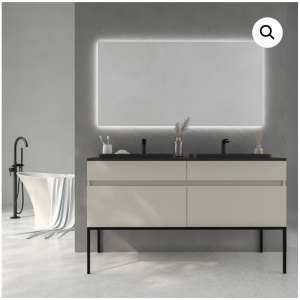Mueble de baño DUNE 140 cm 4 cajones PERLADO con patas inox - Encimera SOLID SURFACE 1 seno blanco - Columna 185x35x25 PERLADO con patas inox - Espejo sin luz 140x100