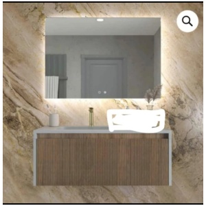 Mueble de baño BINARIO 120 cm 2 cajones ROBLE OSCURO ( frente uñero madera ) casco blanco mate - Tapa solid surface lavabo HORUS sobre encimera derecha blanco - Valvula - Sifón