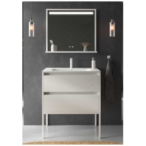 Mueble de baño SMILE 60 cm 2 cajones blanco mate con patas blanco – Encimera solid surface blanco – Espejo EVO 60×80 blanco con estante 🔍