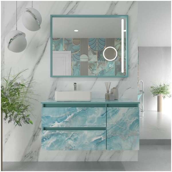 Mueble de baño UNICO 80 cm  acabado RAFAELLO  con lavabo porcelana 80 cm - Espejo EVO 80 cm x 80 cm antivaho, espejo aumento led, biled