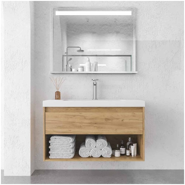 Mueble de baño suspendido 1 cajón 60 cm altura 35 cm ROBLE CLARO  con lavabo SOLID SURFACE blanco mate - Espejo EVO 60x80 Cromo - Mueble de baño suspendido 1 cajón 60 cm altura 35 cm BLANCO MATE con lavabo solid surface BLANCO MATE- Espejo EVO 60x80 Cromo