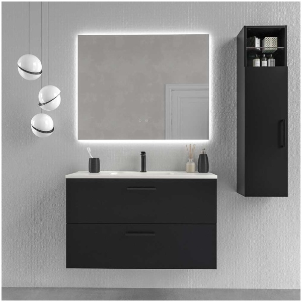 Mueble de baño NEXO 60 cm suspendido 2 cajones NEGRO MATE - Encimera porcelana NEGRO MATE