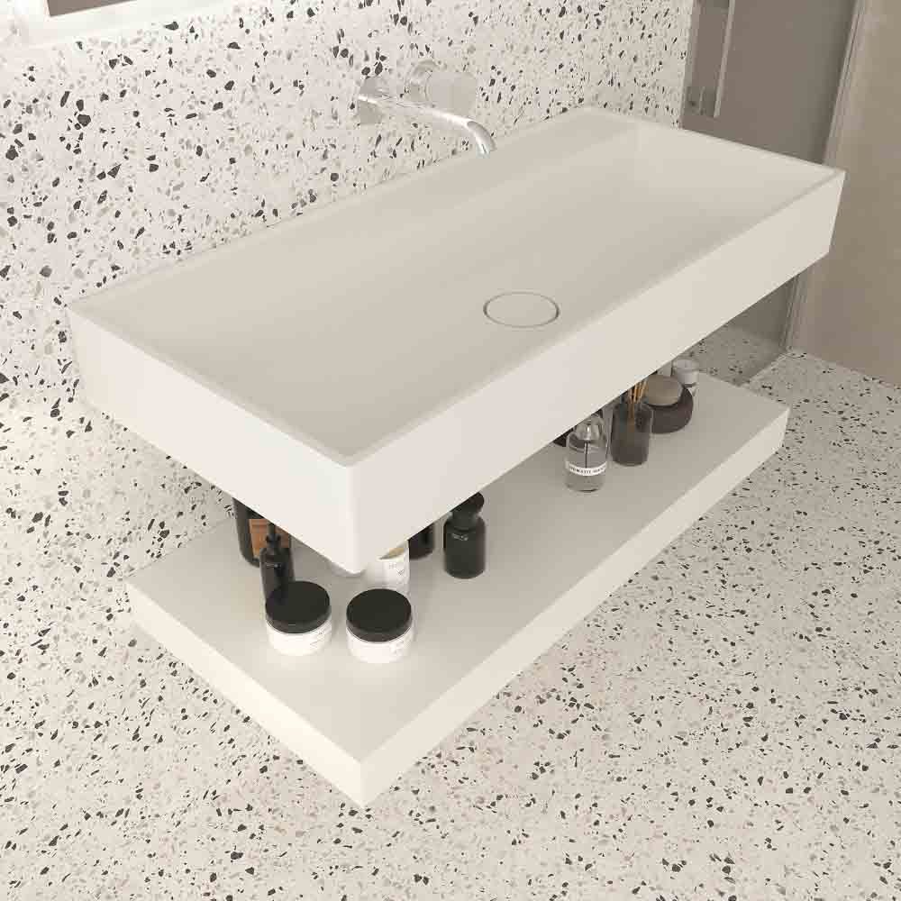 Mueble de baño BINARIO 140 cm BLANCO  - Encimera solid surface BLANCO sin agujero griferia - Lavabo TOTEM 60 cm BLANCO - Balda inferior 60 cm BLANCO