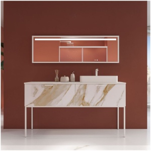 1 x Mueble de baño GRATE con patas 2 cajones acabado mármol CALACATTA GOLD con tapa y lavabo SOLID SURFACE Fogo (Tamaño: 160 cm · INCLUIR: Espejo enmarcado en mismo color + grifo) 1 x Plato de ducha resina textura pizarra. Efecto en Mármol Zares – antideslizante STONE 3D moderno (Tamaño: 100 x 210 cm) 1 x Mampara de ducha frontal BASIC 2 fijos -2 puertas correderas. Sin perfil inferior. Con tratamiento anti-cal . Acabado BLANCO MATE (Tamaño: 190 alto x 205 cm ancho)