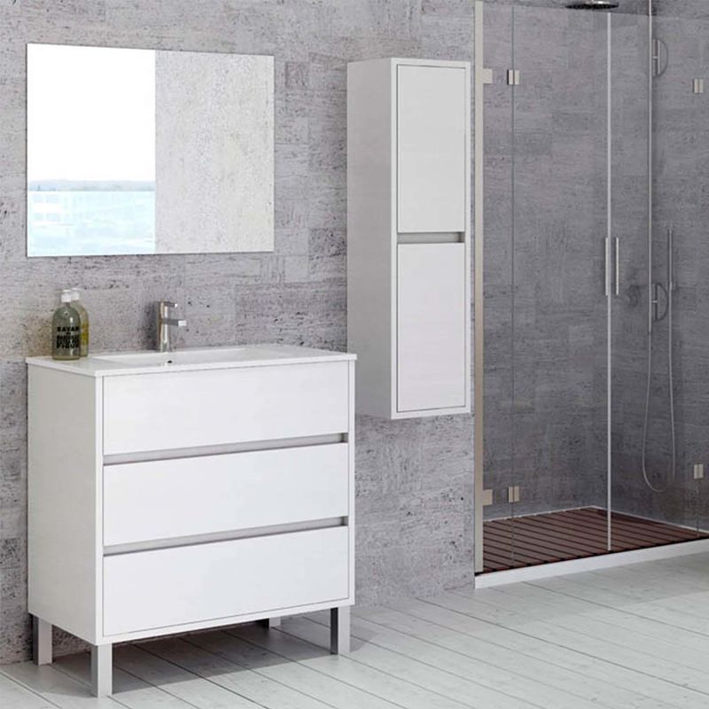 Mueble de baño CLOE 100 cm 3 cajones a suelo VIRGINIA - Lavabo TOTEM blanco con 2 agujeros para griferia
