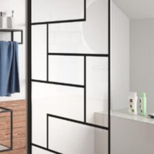 Mampara de ducha FLARE frontal 1 fijo - 1 puerta corredera 130 cm DECORADO INDUSTRIAL  según diseño Negro -  Mampara fijo bañera 150 cm x 90 cm DECORADO INDUSTRIAL según diseño  negro