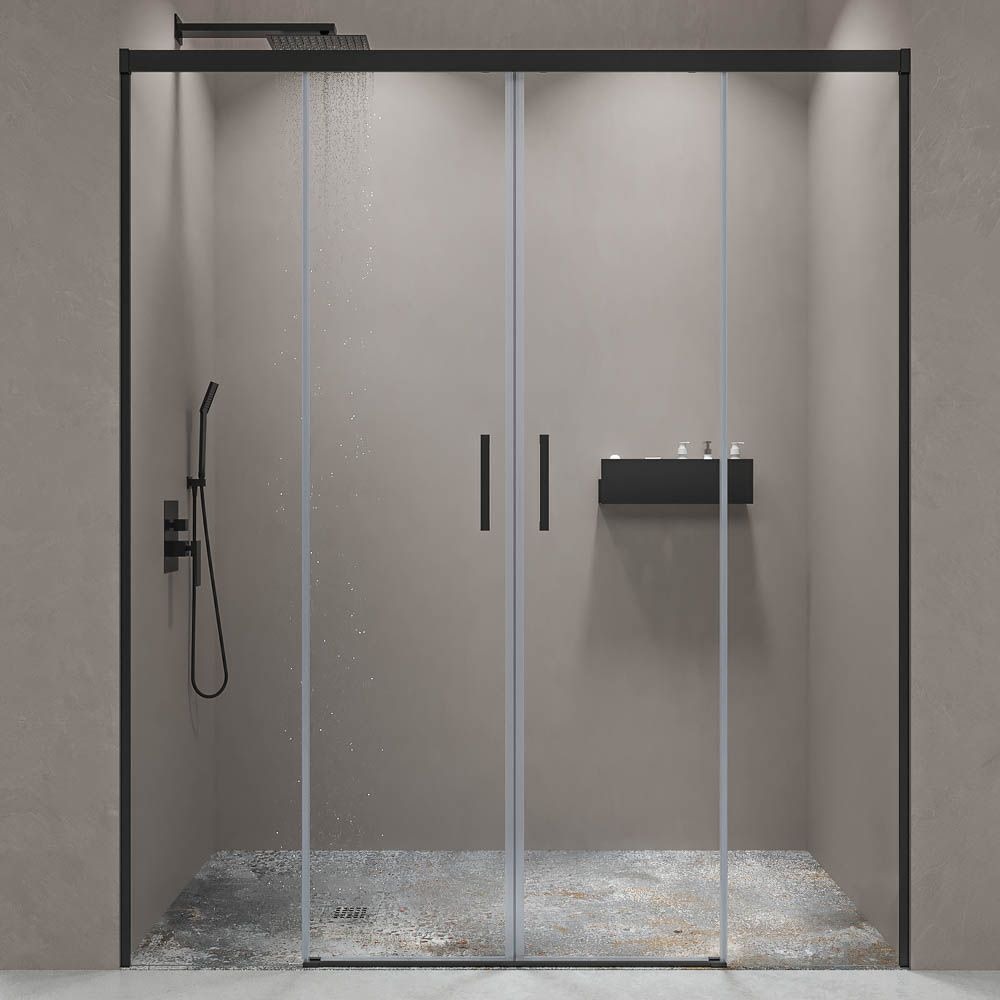 Mampara de ducha BASIC frontal 2 fijos - 2 puertas correderas 187 cm Vidrio acanalado NEGRO MATE
