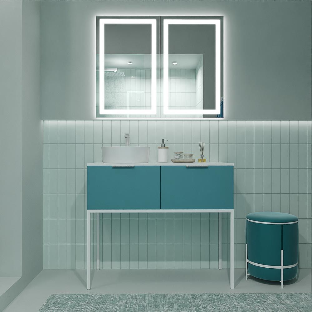 Mueble de baño ELLA 110 cm 2 cajones alto 41 cm ( mas 2 cajones interior ) con patas/tirador BLANCO MATE - Encimera SOLID SURFACE lavabo HORUS semiencastrado izquierda BLANCO MATE