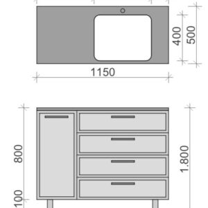 Mueble de baño 110 cm x 50 cm  4 cajones / 1 puerta GRIS NCS 2500-N CMYK   s/plano - Encimera Solid Surface 110 cm lavabo derecha BLANCO  con faldón 8 cm