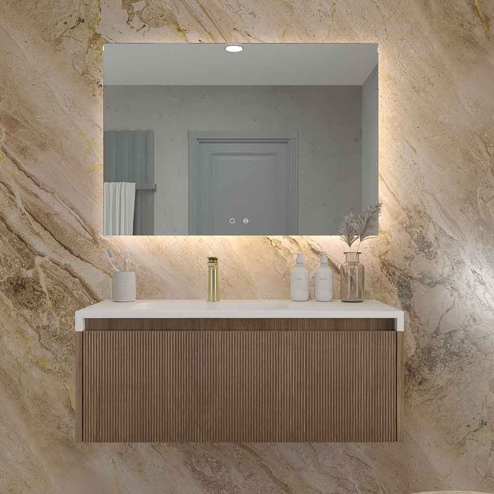 Mueble de baño BINARIO suspendido 1 cajón 100 cm ROBLE OSCURO - Encimera SOLID SURFACE lavabo centrado blanco agujero de griferia