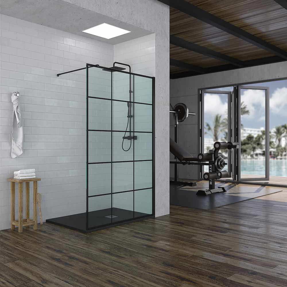 Fijo de ducha ZEN  130 cm altura 220 cm decorado industrial cuadros NEGRO MATE