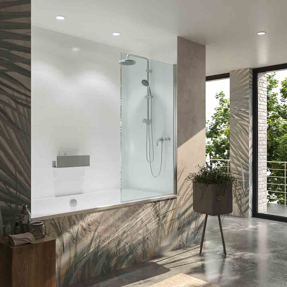 Mampara de ducha rectangular 1 fijo 75 cm + 1 puerta abatible 95 cm CROMO serigrafia DARO - Mampara bañera 1 hoja abatible 150x85  CROMO serigrafia LINE