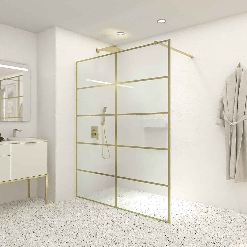 Mampara de ducha ZEN fijo 118 cm ancho x 215 cm alto ORO MATE decorado industrial Oro con instalación