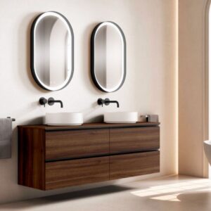 Mueble de baño DUNE suspendido 150 cm 4 cajones NOGAL OSCURO tirador aluminio negro según foto - Encimera SOLID SURFACE 150 cm  2 senos sin agujero griferia seno cuadrado RAL 7035  altura 12 cm