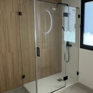 Plato de ducha XXL 180 cm x 110 cm NEGRO  - Mampara de ducha rectangular 2 fijos - 1 puerta (70 cm ) STEEL bisagras inox  180 cm x110 m NEGRO