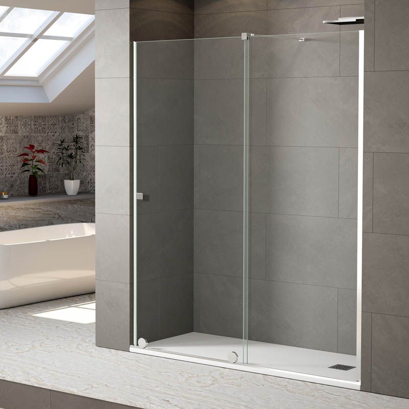 Mampara de ducha JUNIOR frontal 1 fijo - 1 puerta corredera 164 cm CROMO  - Mampara de ducha FLARE cuadrada 80 cm x 80 cm s/plano con angulo 3x3 CROMO