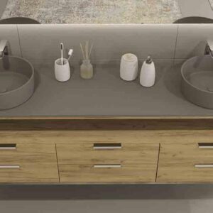 Mueble de baño ELLA 6 cajones ROBLE CLARO patas gris cemento - Tapa y lavabo HORUS central gris cemento