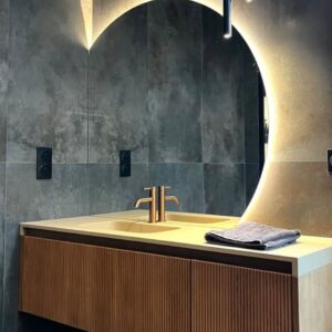 Mueble de baño 90 cm 1 cajón + 1 cájon interior frente BINARIO  Roble oscuro sin nudos - Encimera SOLID SURFACE seno centrado agujero griferia