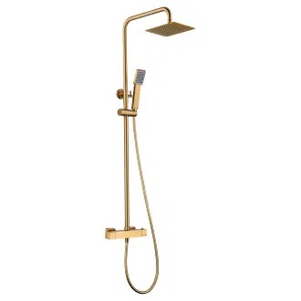 Plato de ducha 70x168 ONE crema rejilla oro - Mampara de ducha OPEN 1 fijo - 1 puerta abatible 168 cm ORO mate - Columna de ducha ART termostatica ORO cepillado
