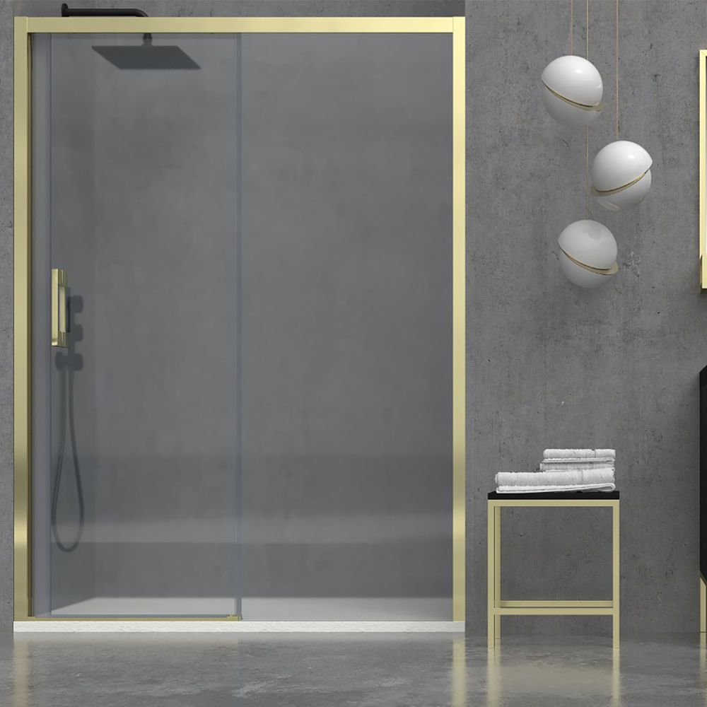 Mampara de ducha FLARE rectangular 2 fijos - 1 puertas corredera 117 cm x 18 cm ORO MATE  - Perfil L a pared - Angulo L 2x2  223 cm ORO MATE 2 uds - Angulo L 2x2 176 cm ORO MATE