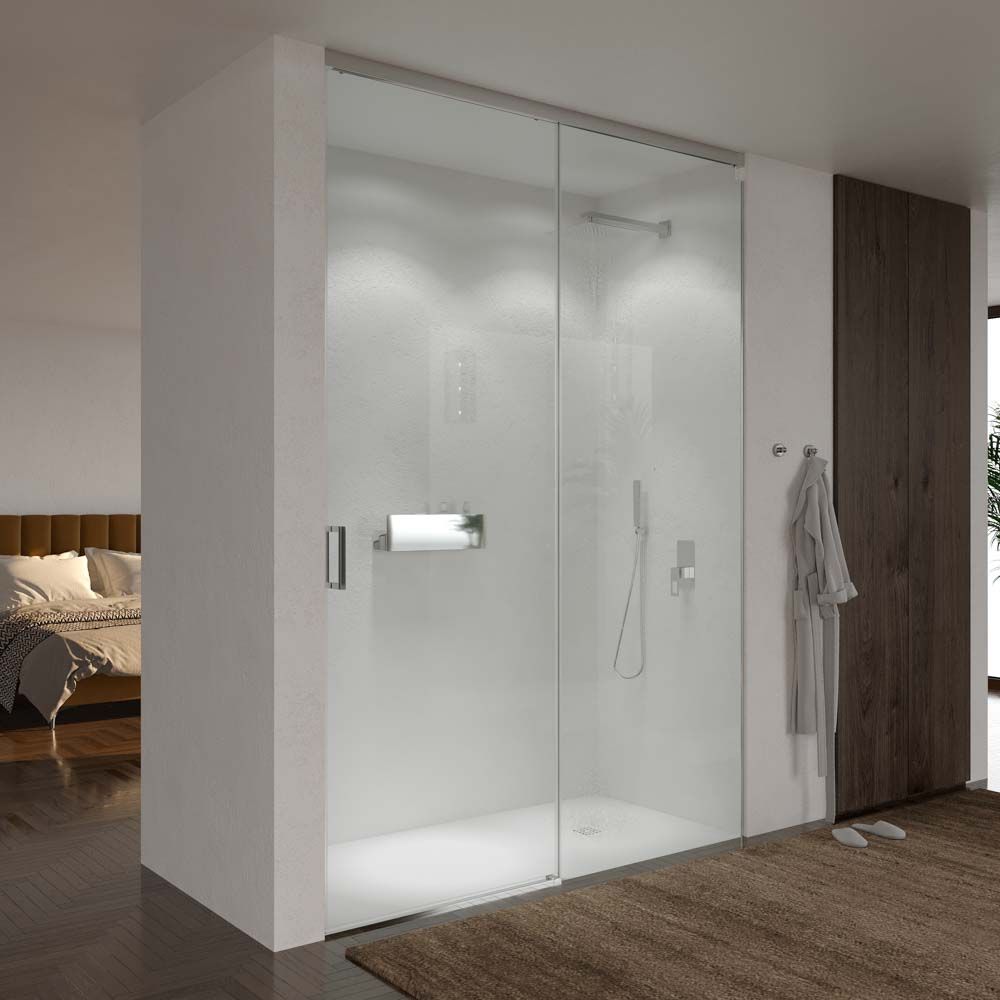 Mampara de ducha TECH STEEL a techo  medidas 119 cm a 120 cm  Altura techo 231 cm. Acero inox - Espejo  NERINA alto 100 cm ancho 80 cm , antivaho , espejo aumento LEDS luz fria , doble touch