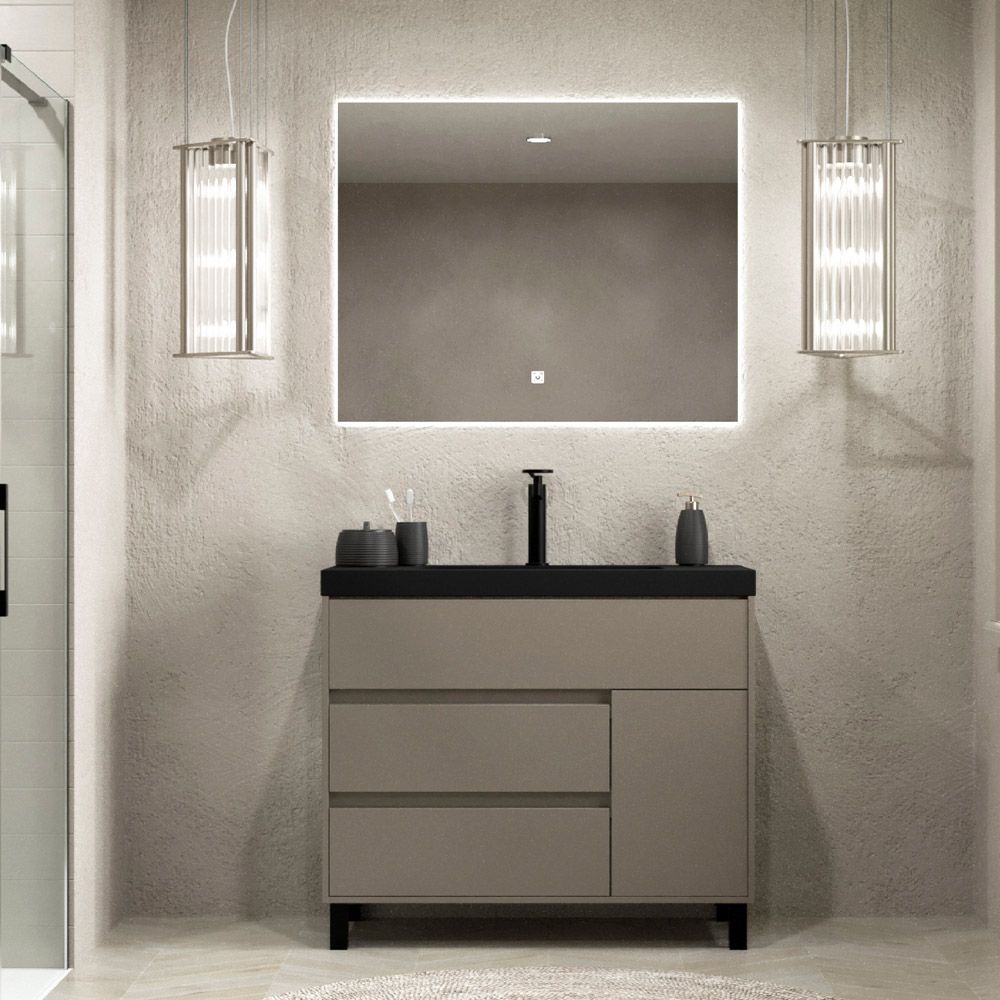 Mueble de baño CARMEN con patas 160 cm 6 cajones-2 puertas TOPO con encimera SOLID SURFACE 2 senos - Columna 1 puerta/1 hueco 120x30x25 TOPO - Espejo NERINA 160x80 luz fria - antivaho doble touch