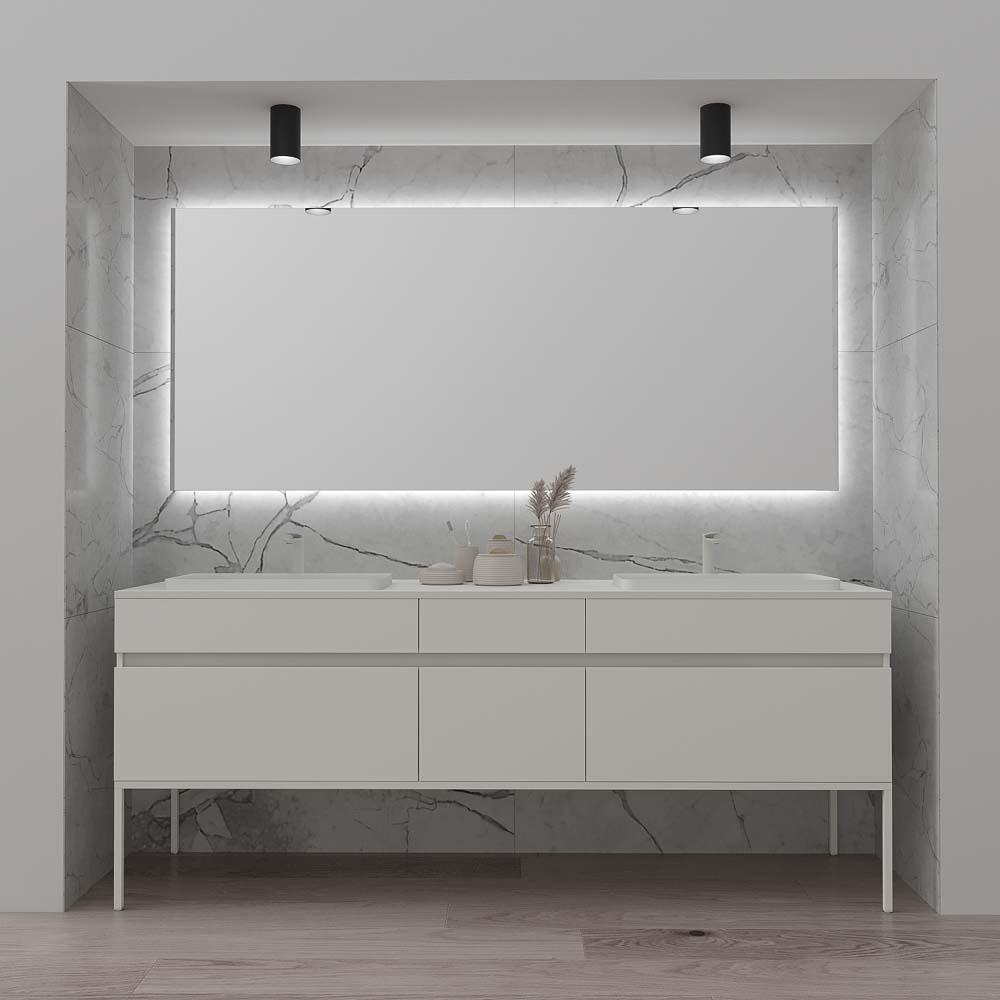 Mueble Dune 170 cm 6 cajones roble claro patas acero inox con encimera solid surface con 2 lavabos semiencastrado cuadrado Satet blanco - Grifo NATURE  cromo ( 2 uds )