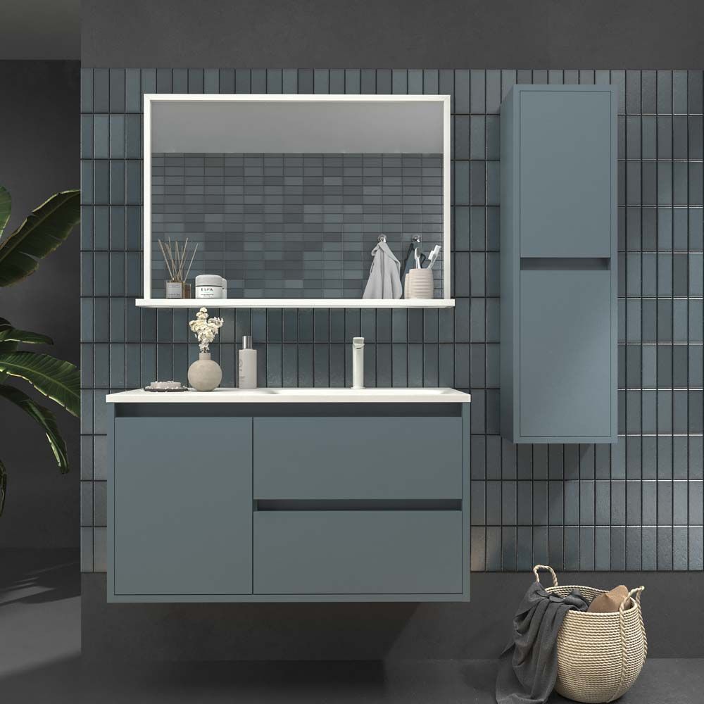 Mueble de baño CLAIRE suspendido 100 cm 2 cajones / 1 puerta GRIS AZULADO - Encimera SOLID SURFACE blanco - Columna suspendida 2 puertas 120x35x25 GRIS AZULADO
