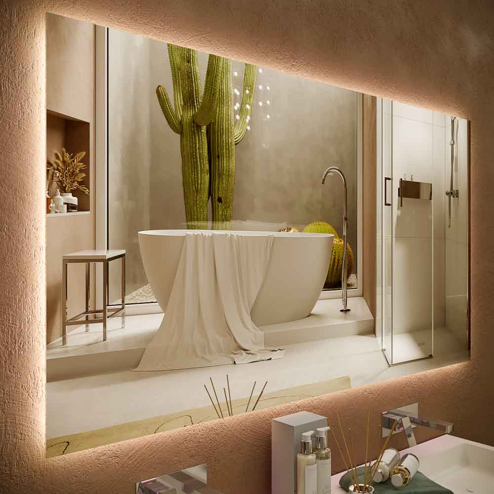 Espejo de baño ANGELO  90 cm ancho x  80 cm alto luz neutra con antivaho .