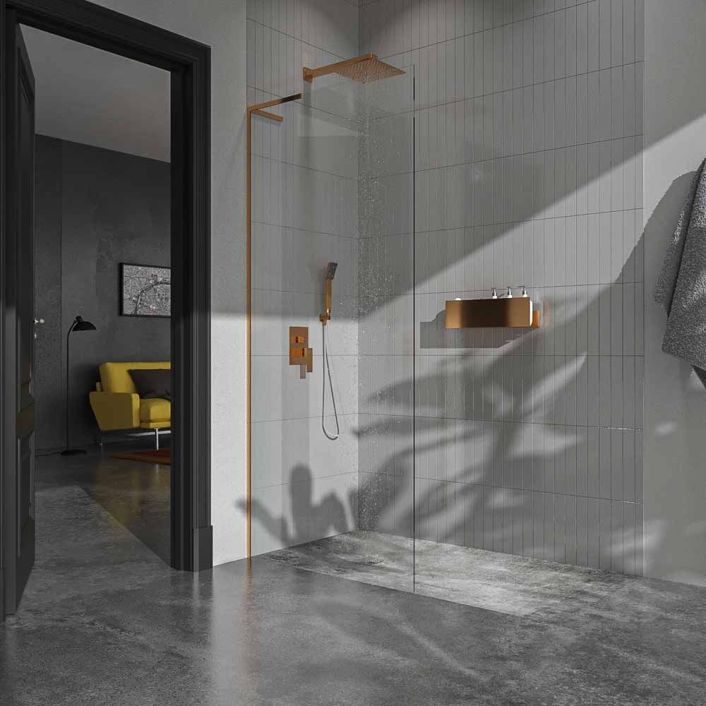Mueble de baño BINARIO 120 cm ROBLE CLARO 1 puerta+ 1 cajón + 1hueco  - Encimera SOLID SURFACE  1 seno centrado sin agujero griferia BLANCO -  Mampara de ducha ZEN sin brazo seguridad 100 cm a dcha. COBRE MATE