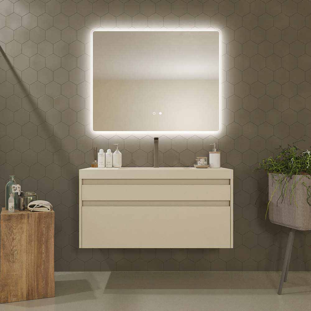 Mueble de baño PETRA suspendido 2 cajones 80 cm NOGAL frente palilleria binario - Lavabo  SOLID SURFACE blanco