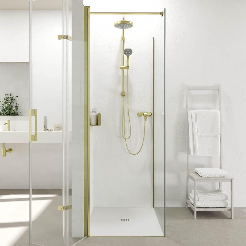 Mampara de ducha  rectangular SINTESIS 1 puerta plegable 68,5 cm + 1 fijo 96 cm ORO MATE + Tubo 40x20 ORO MATE