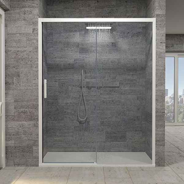 Mampara de ducha FLARE frontal 1 fijo - 1 puerta 133 cm BLANCO MATE - Asa bañera ORO MATE