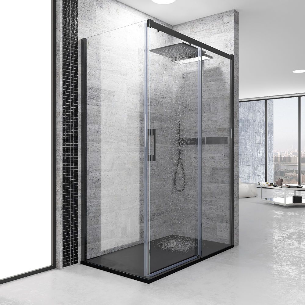 Mampara de ducha FLARE rectangular 2 fijos - 1 puerta corredera 120 cm x 70 cm NEGRO MATE tirador uñero