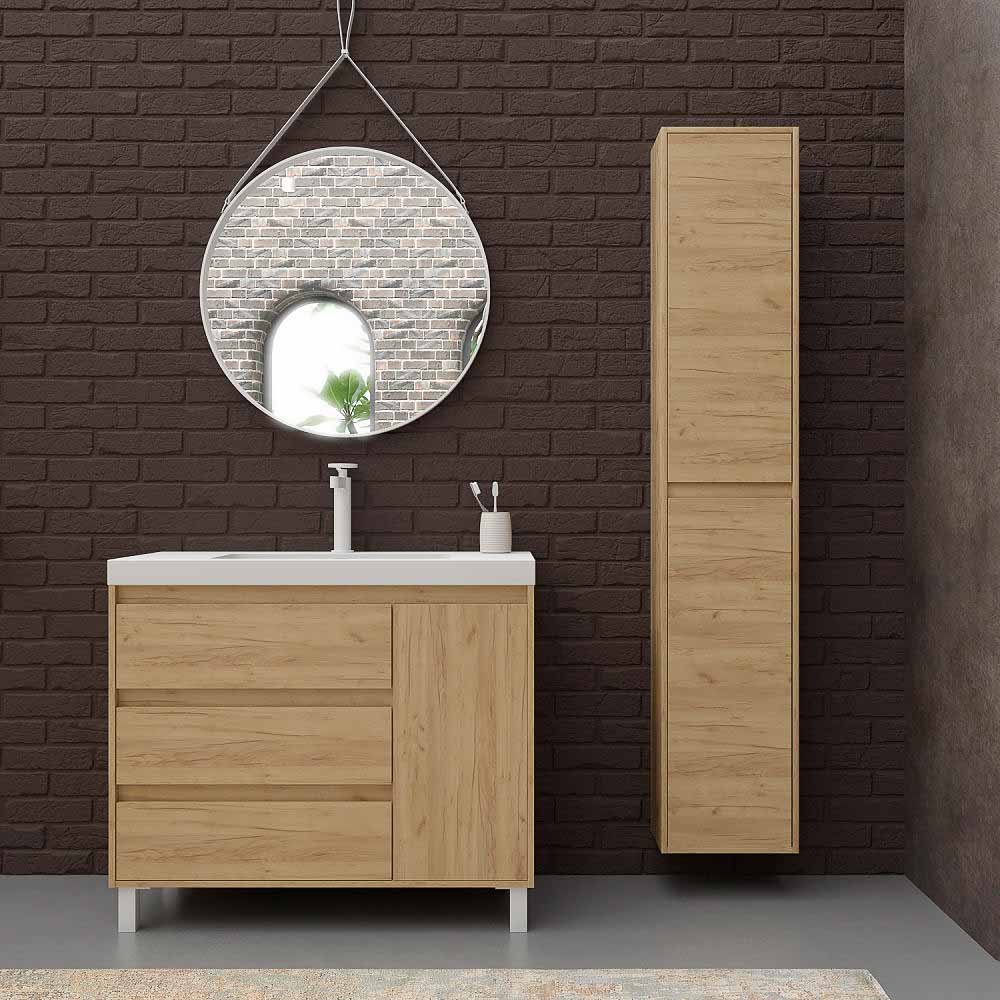 Mueble de baño CARMEN con patas 3 cajones/1 puerta 90 cm ROBLE CLARO - Lavabo porcelana BARCELONA blanco centrado