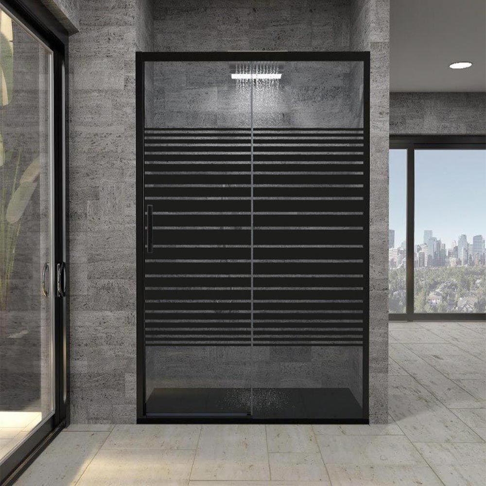 Mampara de ducha FLARE frontal 2 fijos - 2 puertas corredera 173 cm NEGRO serigrafia LINE gris