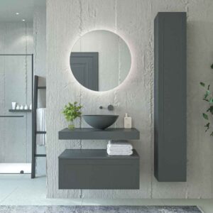 Composición BUDGET acabado GRAFITO ( mueble + tapa + lavabo + espejo ) en 50 cm ancho - Grifo NATURE caño alto cromo - Toallero pegado lavabo  inox