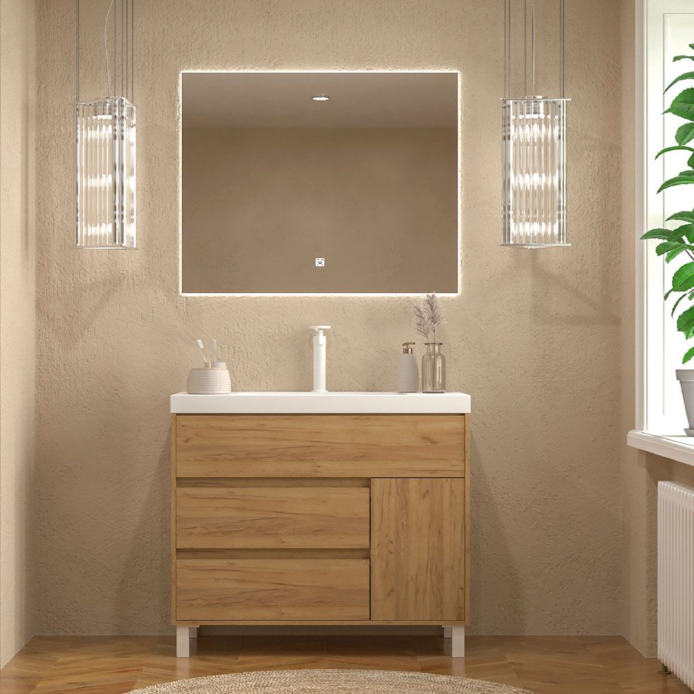Mueble de baño CARMEN 90 cm 3 cajones/ 1 puerta ROBLE CLARO patas negro - Encimera porcelana a izquierda BLANCO