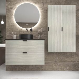 Mueble de baño ADAM suspendido 2 cajones 60 cm BLANCO tirador negro - Tapa y lavabo OSIRIS BLANCO - Grifo ARMY negro caño alto - Valvula click clack  NEGRO  - Columna ducha ARMY monomando NEGRO
