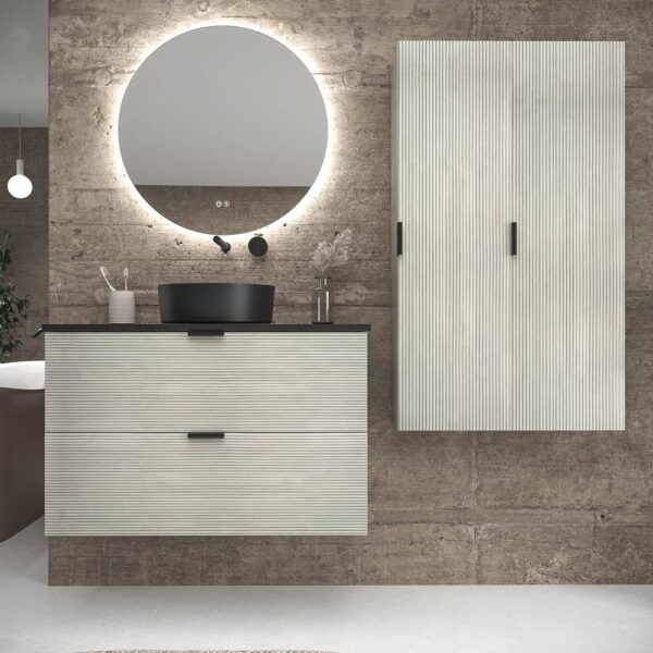 Mueble de baño ADAM suspendido 2 cajones 60 cm BLANCO tirador negro - Tapa y lavabo OSIRIS BLANCO - Grifo ARMY negro caño alto - Valvula click clack  NEGRO  - Columna ducha ARMY monomando NEGRO
