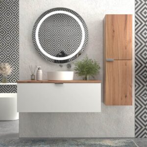 Mueble de baño SKIN  70 cm  BLANCO con tapa MOHAVE fondo especial 40 cm - Lavabo OSIRIS porcelana - Columna auxiliar 2 puertas 120x35x30  MOHAVE