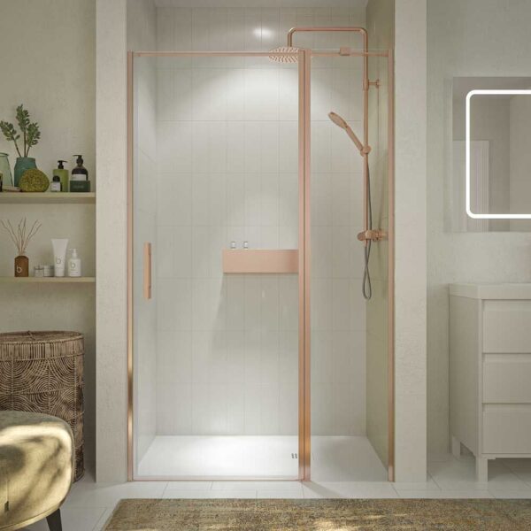 Mampara de ducha OPEN  1 fijo - 1 puerta abatible 100 cm ( puerta 70 cm ) VIDRIO ACANALADO acabado COBRE MATE tirador 15x15
