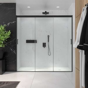 Mampara de ducha frontal TRIO 2 puertas correderas + 1 fijo 150 cm NEGRO MATE - Mampara de ducha rectangular TRIO 2 puertas ( cierre contra la pared ) - 1fijo + 1 fijo 139 cm x 79  cm BLANCO MATE