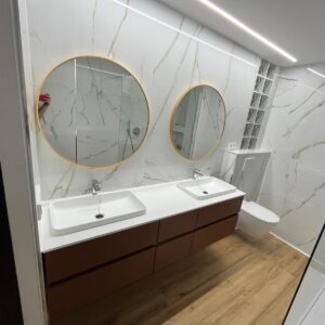 Mueble de baño suspendido DUNE 6 cajones 200 cm BLANCO GRISACEO MATE - Encimera SOLID SURFACE 2 senos lavabo satet semiencastrado BLANCO