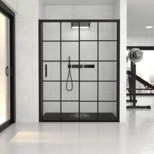 Mampara de ducha FLARE frontal 1 fijo - 1 puerta corredera 135 cm NEGRO decorado industrial cuadros  - Mampara de bañera FLARE frontal 1 fijo - 1 puerta 170 cm NEGRO decorado industrial cuadros