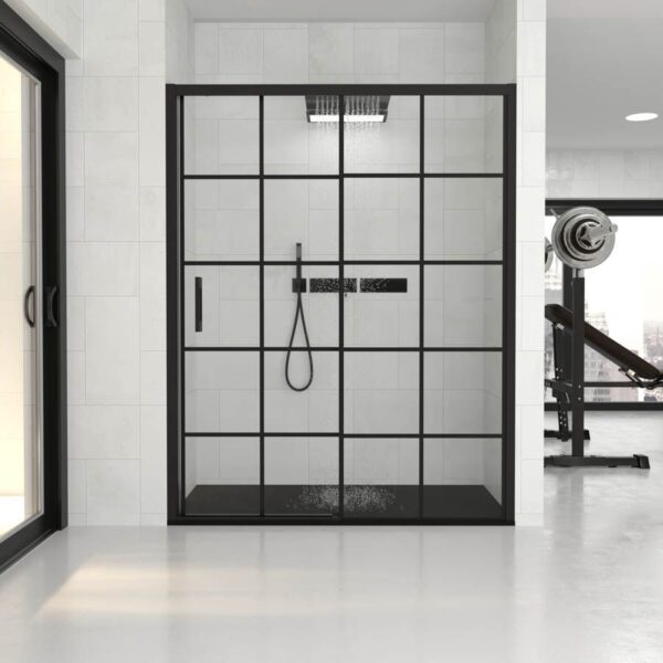 Mampara de ducha FLARE frontal 1 fijo - 1 puerta corredera 135 cm NEGRO decorado industrial cuadros  - Mampara de bañera FLARE frontal 1 fijo - 1 puerta 170 cm NEGRO decorado industrial cuadros