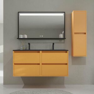 Mueble de baño CLAIRE suspendido 140 cm 4 cajones AMARILLO PASTEL - Tapa SOLID SURFACE  para 2 lavabos CIRCUS con agujero griferia BLANCO