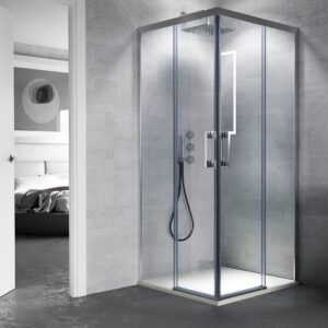 Mampara de ducha SLIM frontal 1 fijo - 1 puerta corredera 167 cm NEGRO - Mampara de ducha FLARE cuadrada 2 fijos - 2 puertas correderas 90 cm x 90 cm CROMO BRILLO
